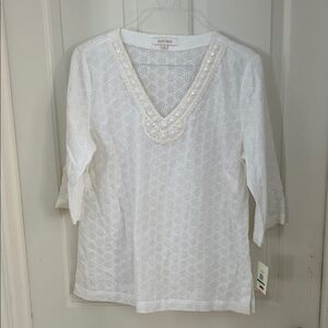 NWT Ellen Tracy size large white short sleeve eyelet 3/4 sleeve top